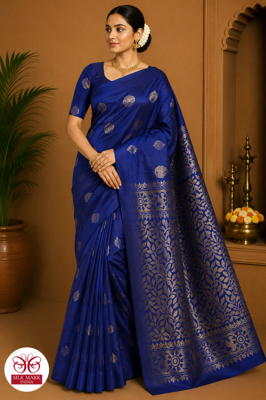 Royal Blue with Antique Gold Zari Floral Pallu | Borderless Elegance