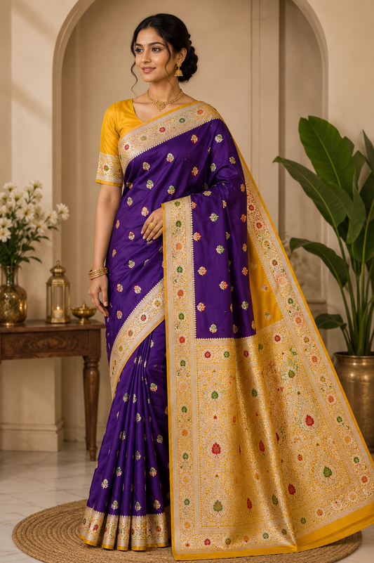 Royal Purple & Yellow Banarasi Mashroo Mina Silk Saree