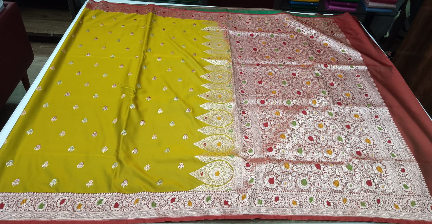 Banarasi Mashroo Meena Silk Saree – Yellowish Green & Rust Red Dual Shade