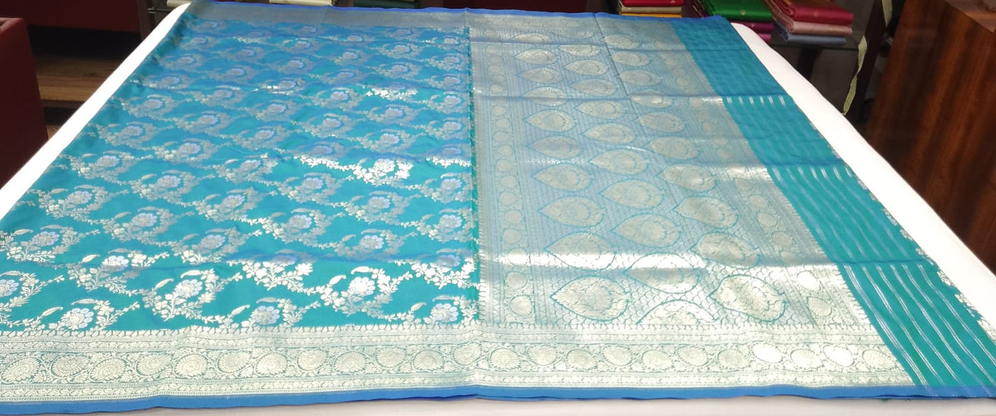 Turquoise Teal & Peacock Blue Dual-Shade Banarasi Silk Saree with Floral Zari Weaves