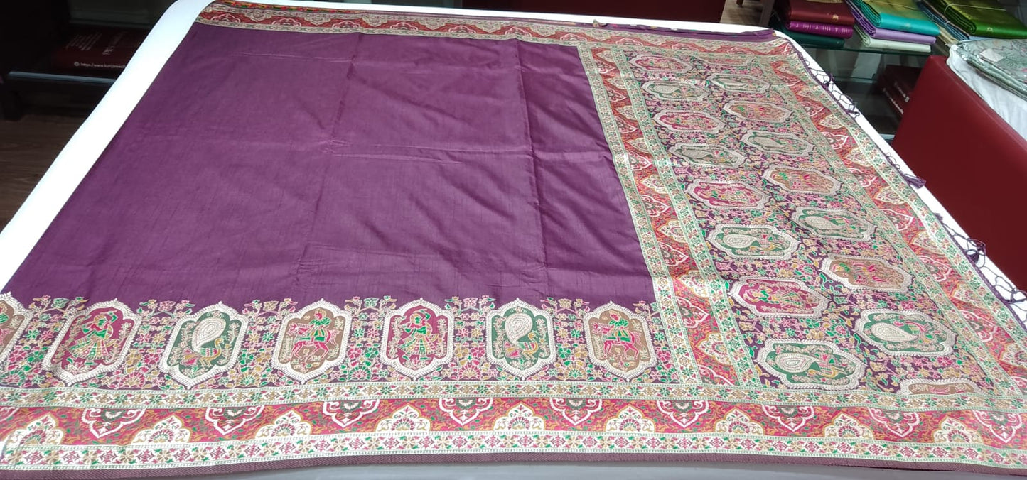 Tussar Semi Silk Floral Heritage Saree – Deep Wine Plum Tussar Semi Silk Saree with Intricate Multicolour Woven Border