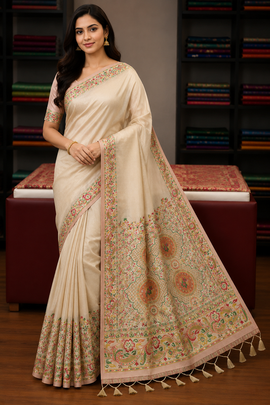Tussar Semi Silk Floral Heritage Saree – Cream Beige Tussar Semi Silk Saree with Multicolour Floral & Paisley Border