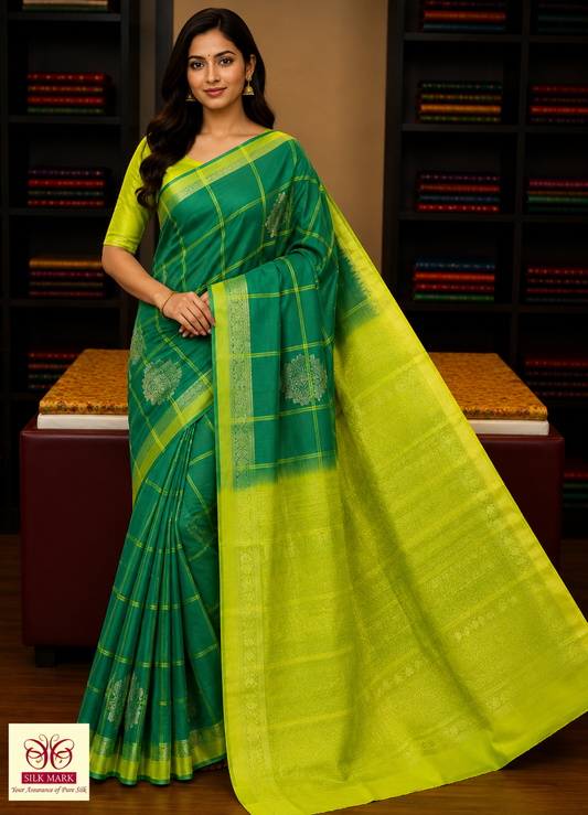 Elegant Peacock Green & Lime Yellow Pure Soft Silk Handloom Saree