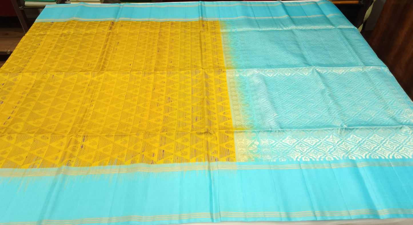 Pure Silk Handloom Soft Silk Saree in Mustard Yellow and Ice Blue