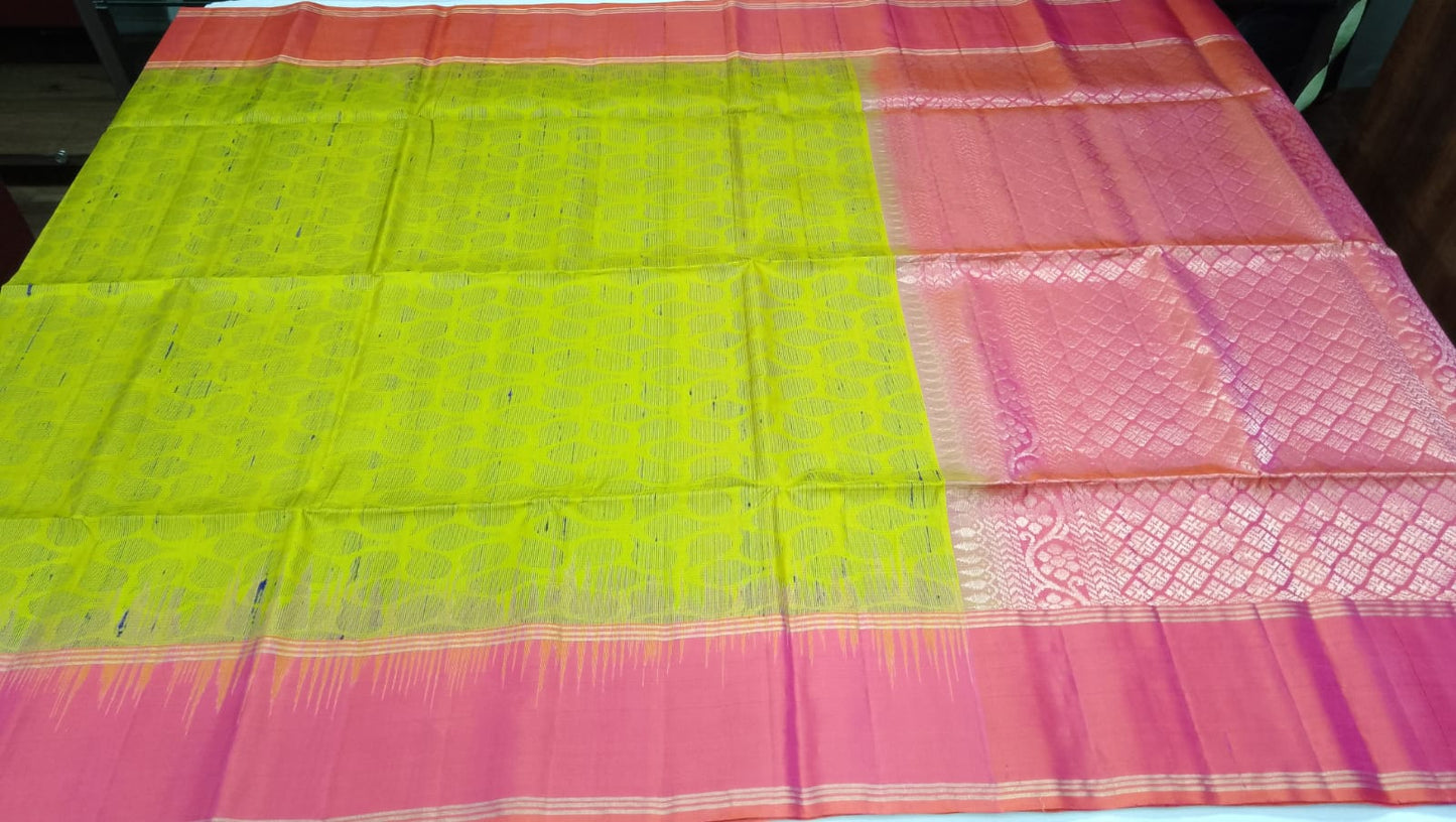 Pure Silk Handloom Soft Silk Saree in Lime Yellow and Baby Pink