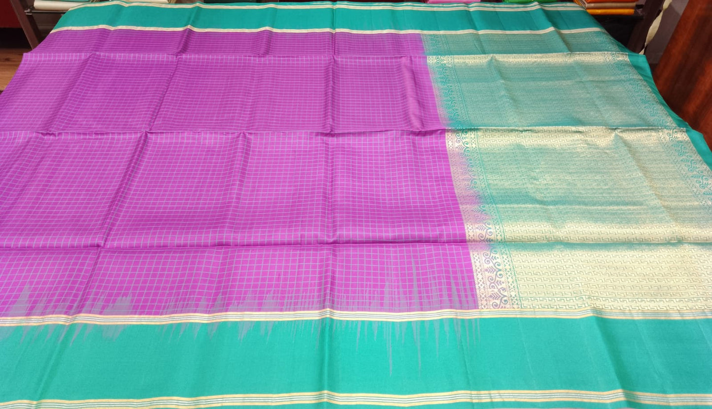 Orchid Purple & Aqua Green Pure Silk Handloom Soft Silk Saree