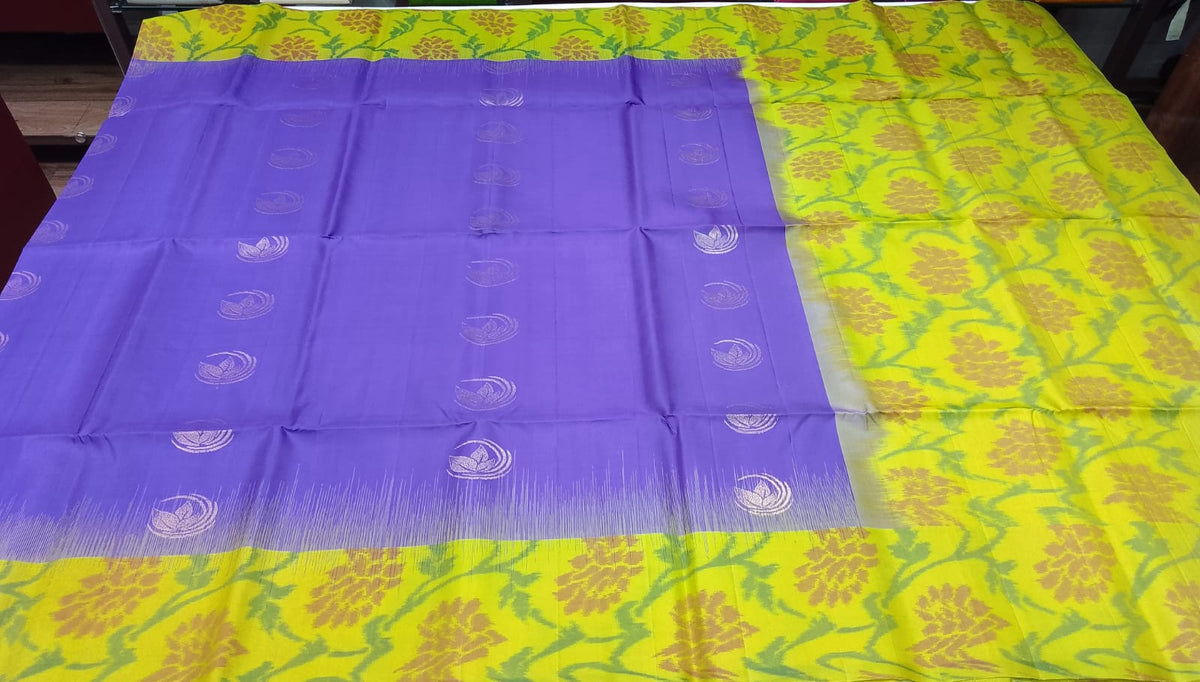 Pure Handloom Silk Pochampally Saree – Royal Purple with Lime Yellow Floral Ikat Pallu