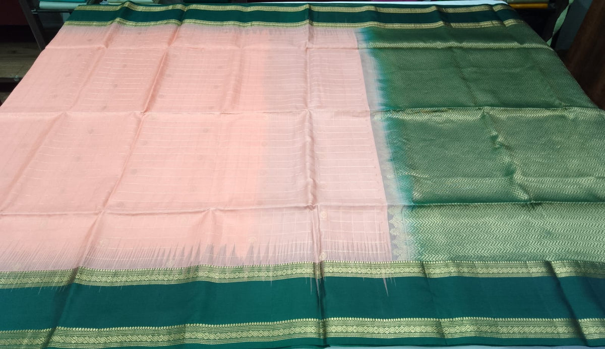 Pure Silk Handloom Soft Silk Saree – Blush Pink with Emerald Green Zari Border
