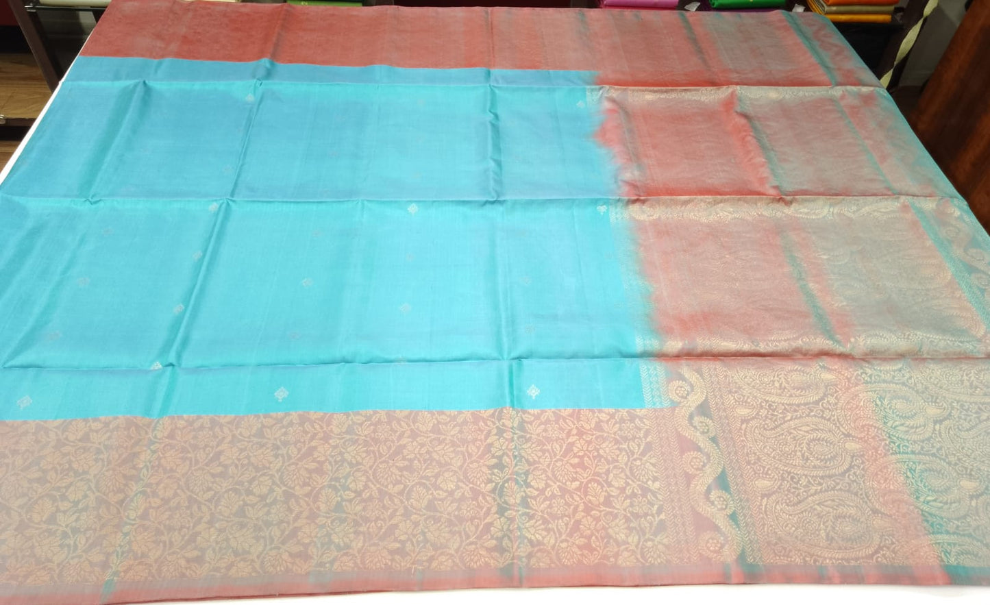 Pure Silk Handloom Soft Silk Big Border Saree – Turquoise Blue & Dusty Rose