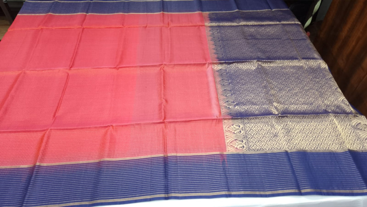 Pure Silk Handloom Soft Silk Saree – Coral Pink with Royal Blue Zari Border