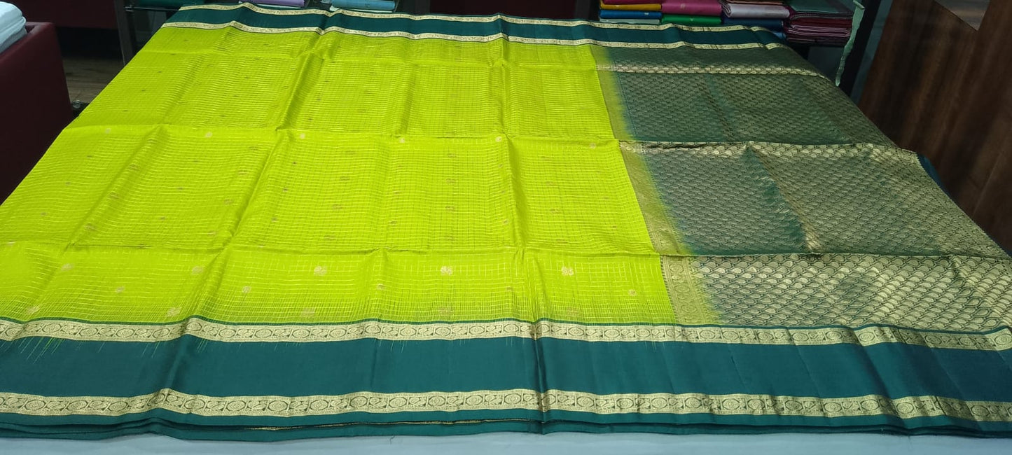 Pure Silk Handloom Softsilk Lime Green & Teal Zari Border Saree