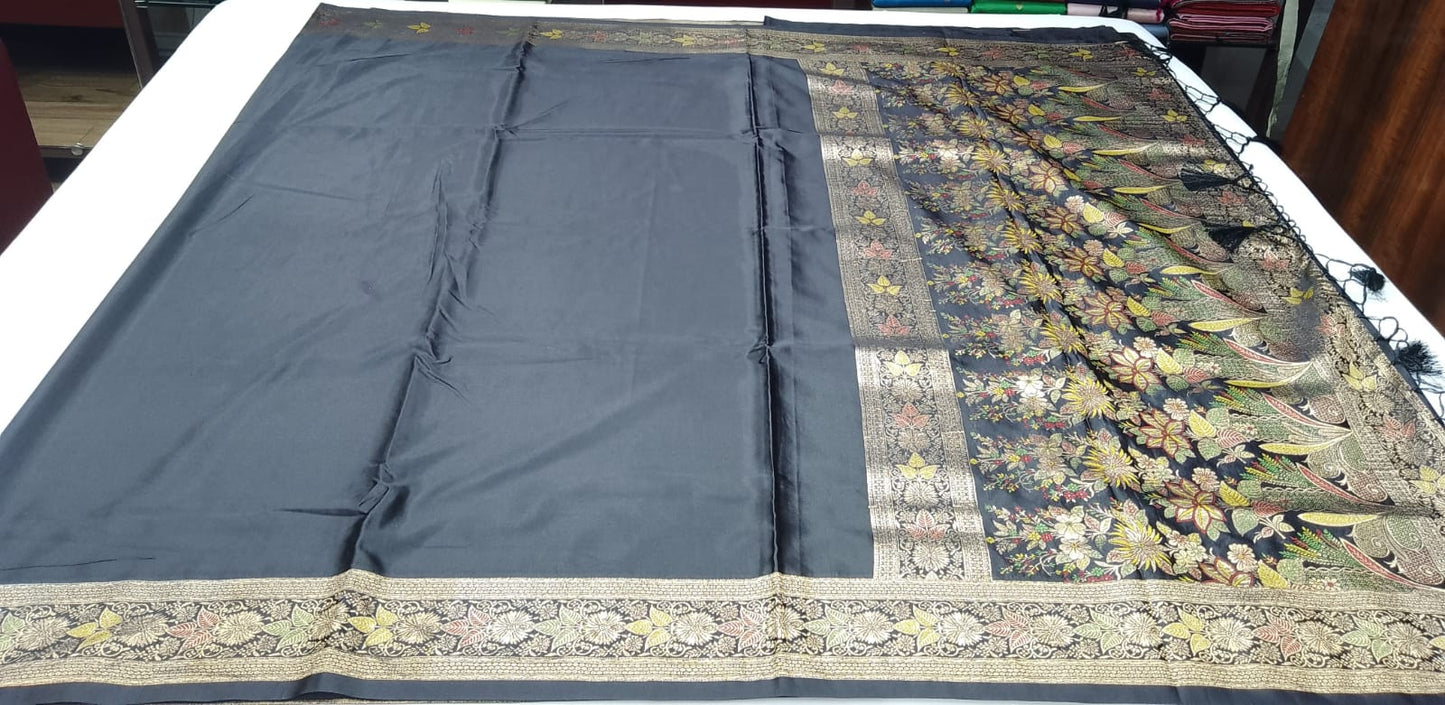 Satin Silk Saree in Charcoal Black with Multicolour Floral Pallu