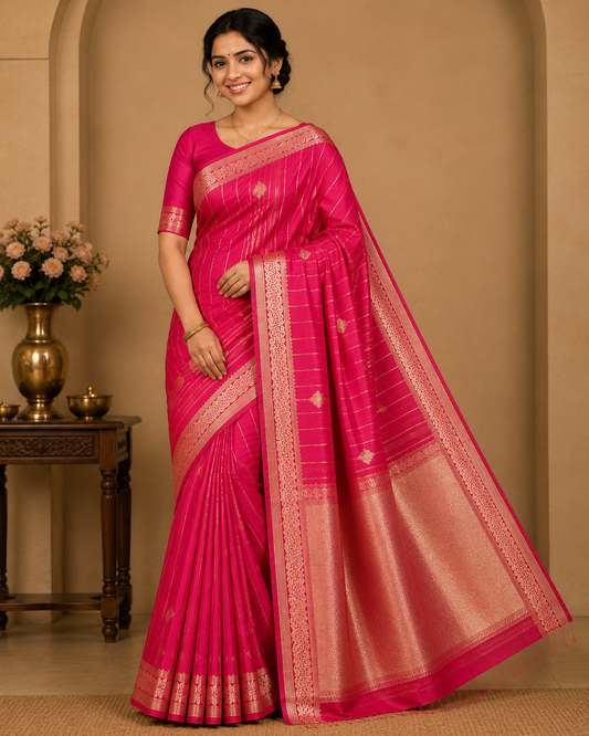 Semi Soft Silk Saree – Rani Pink with Antique Gold Zari Border