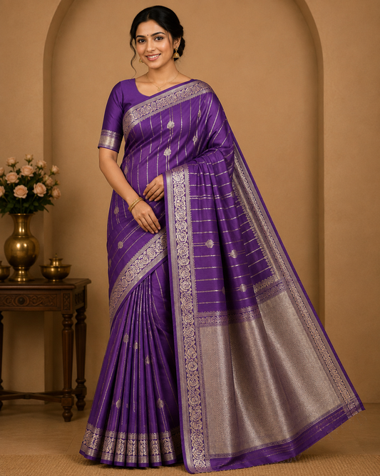 Elegant Purple Semi Soft Silk Saree with Gold Zari Stripes & Floral Border