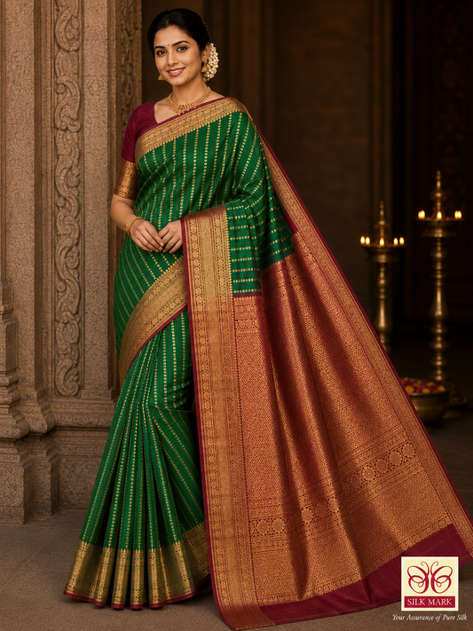 Pure Silk Handloom Kanjivaram Green & Maroon Saree with Rich Zari Border