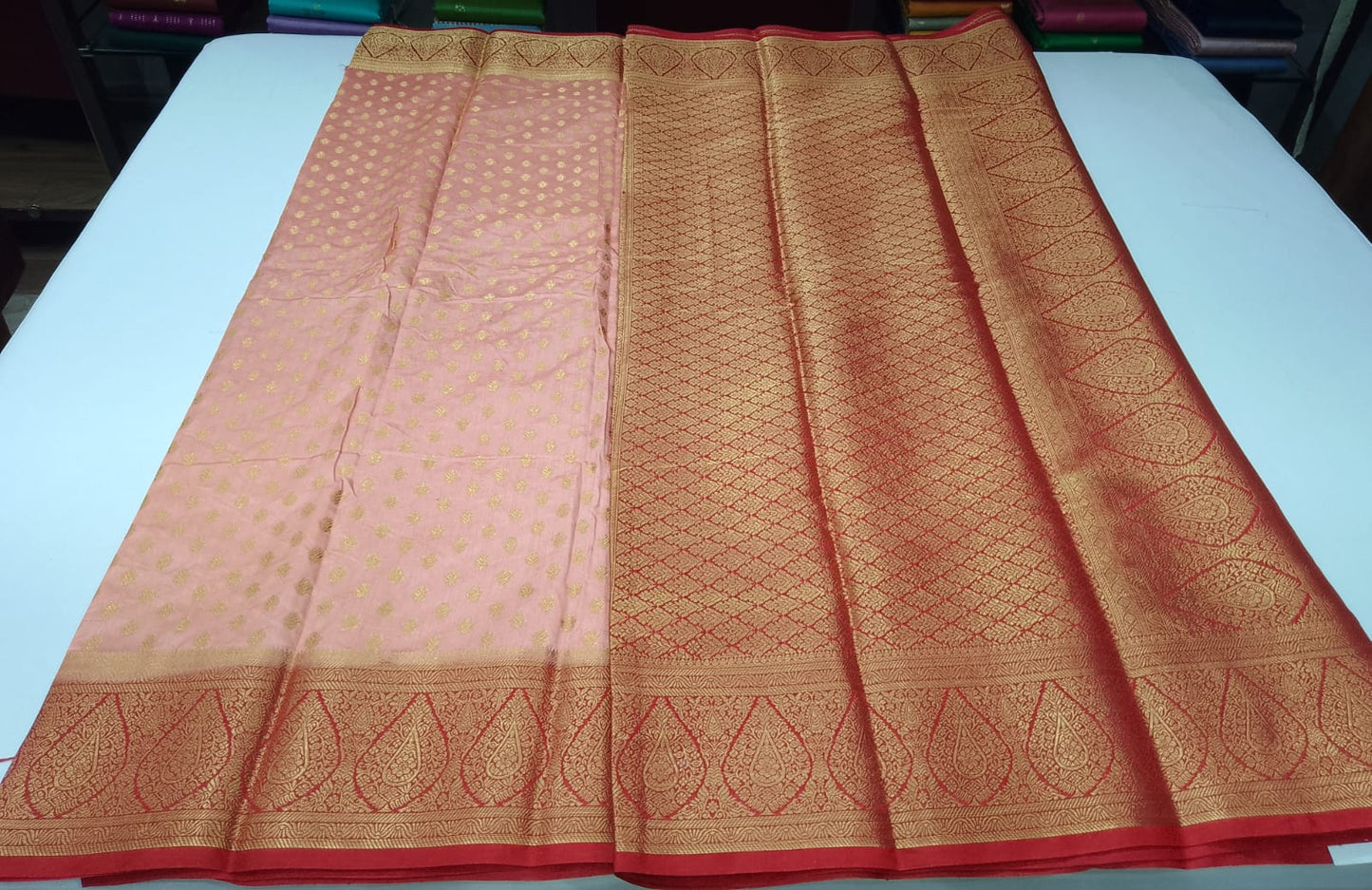 Semi Silk Butta - Dusty Peach Rose Pink Saree with Rich Maroon Zari Border