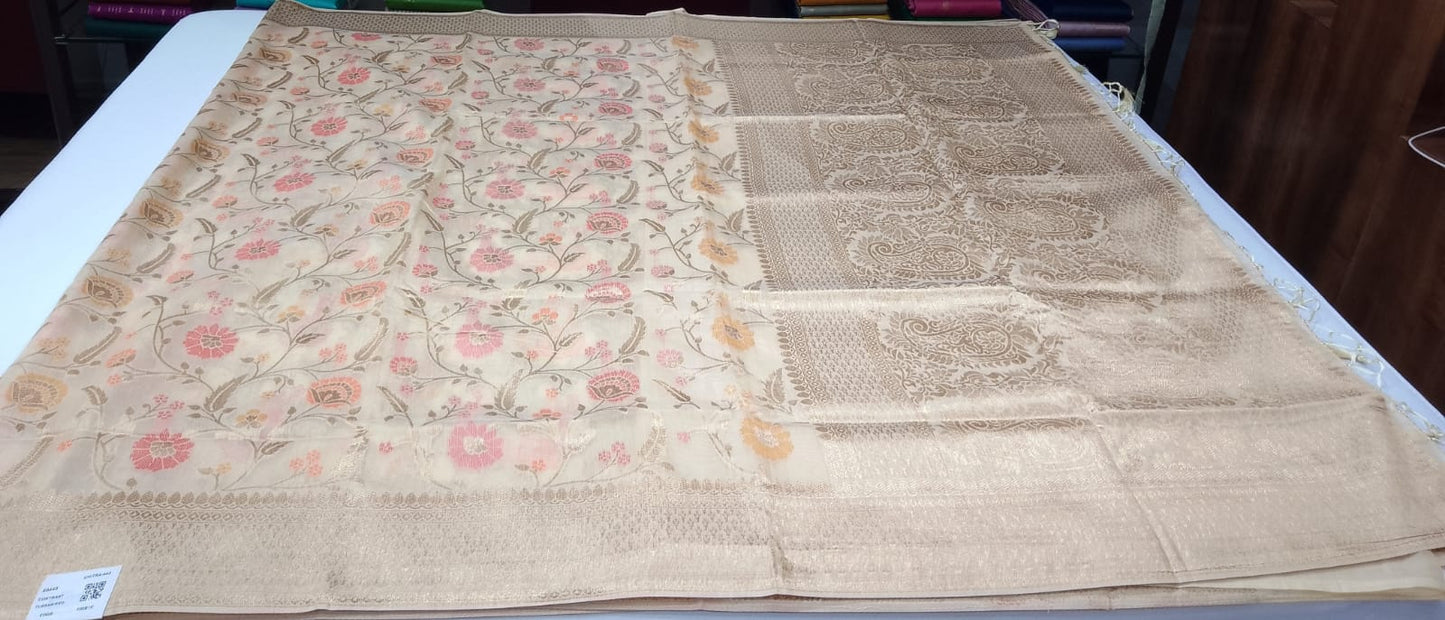 Elegant Beige Floral Cotton Silk Saree with Rich Zari Pallu