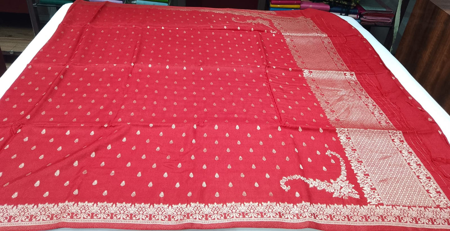 Semi Silk Viscose-Vibrant Red with Gold Zari Buttas & Traditional Border