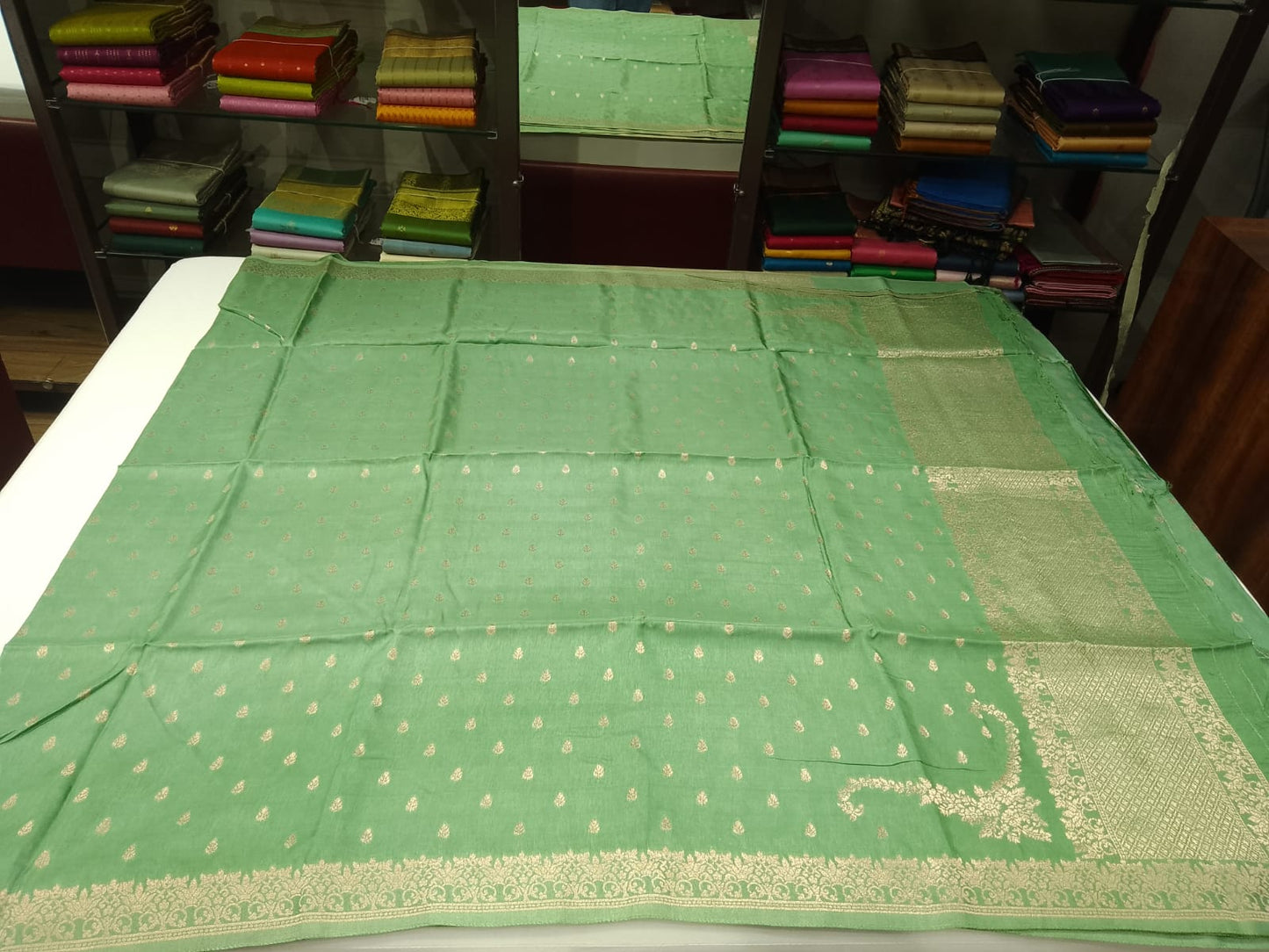 Semi Silk Viscose- Pista Green Semi Silk Saree with Zari Buttas & Floral Zari Border