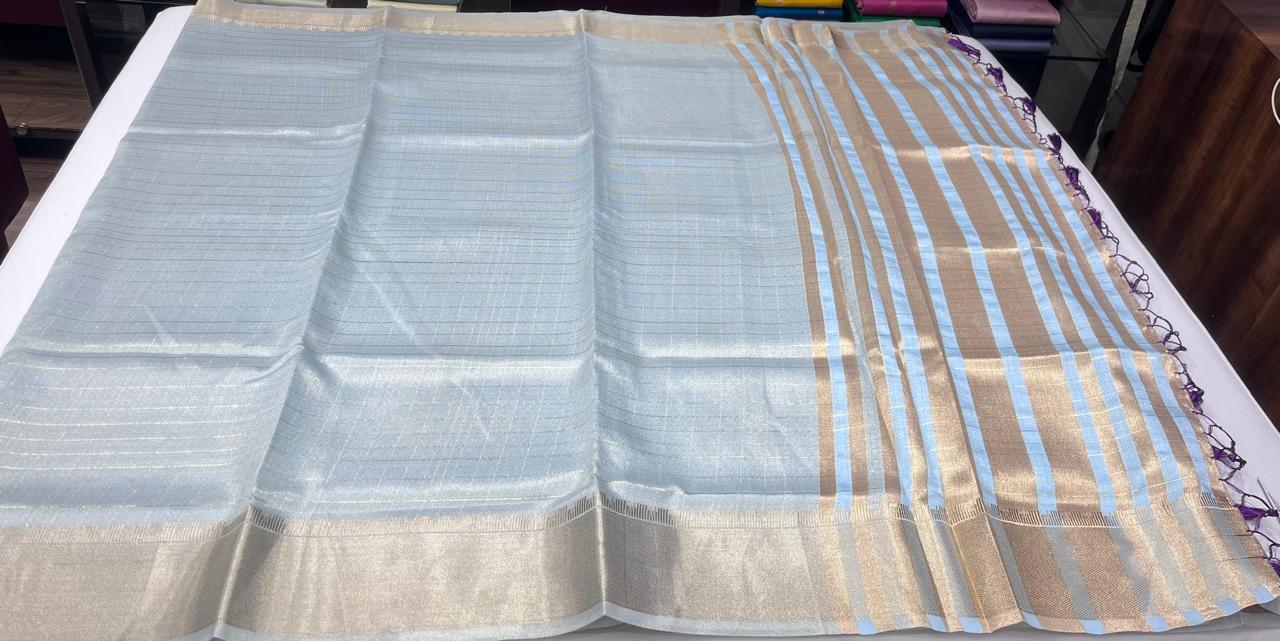 Powder Blue Linen Saree with Antique Gold Zari & Purple Blouse