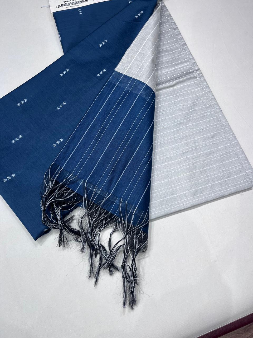Navy Blue & Silver Grey Cotton Silk Salwar Suit Set