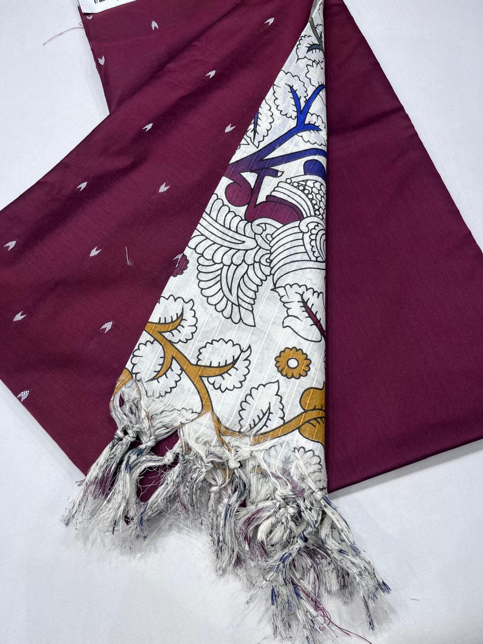 Wine Maroon Cotton Silk Suit Set with Ivory Kalamkari Dupatta