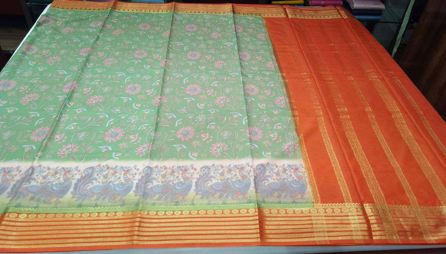 Mysore Silk Digital Crepe - Sage Green Floral Mysore Semi Silk Saree with Vermilion Orange Zari Pallu
