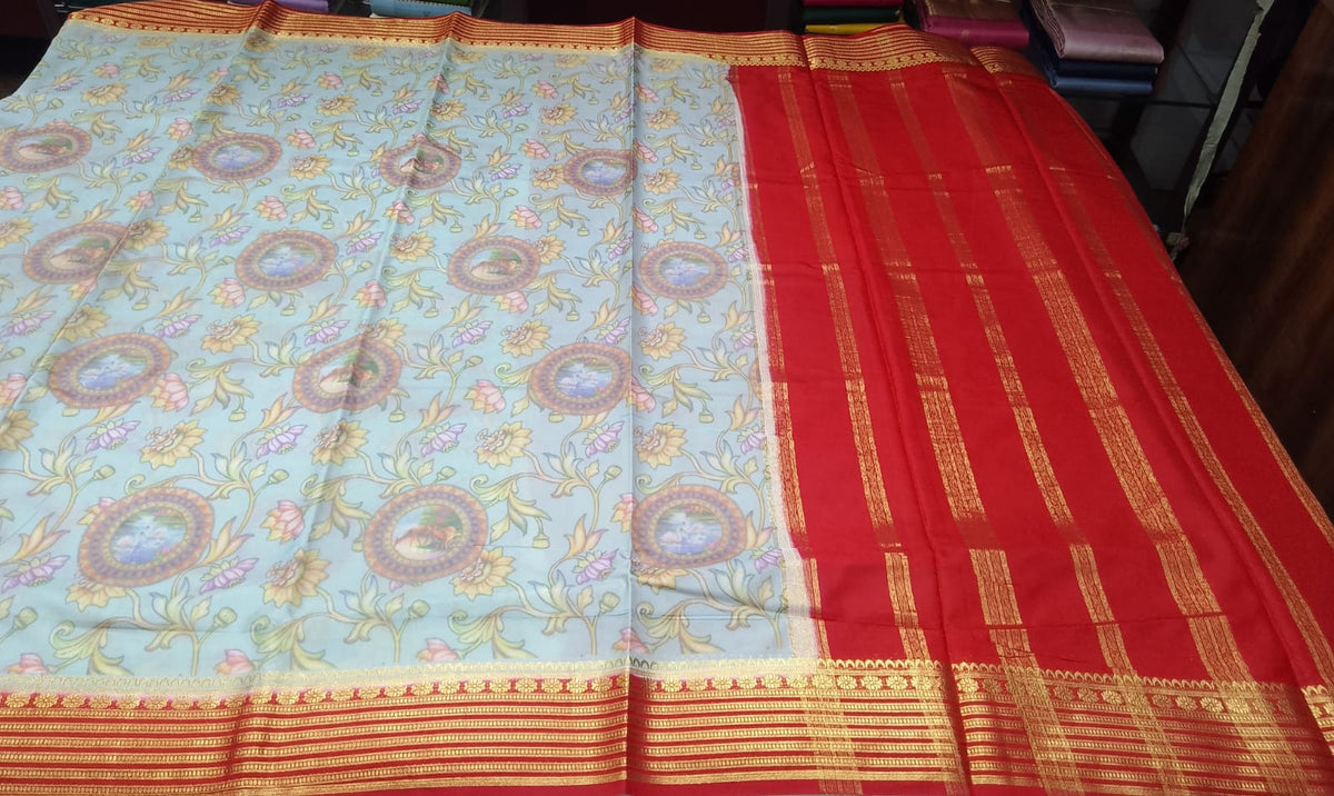 Mysore Silk Digital Crepe - Powder Blue Mysore Semi Silk Saree with Vermilion Red Pallu & Antique Gold Zari