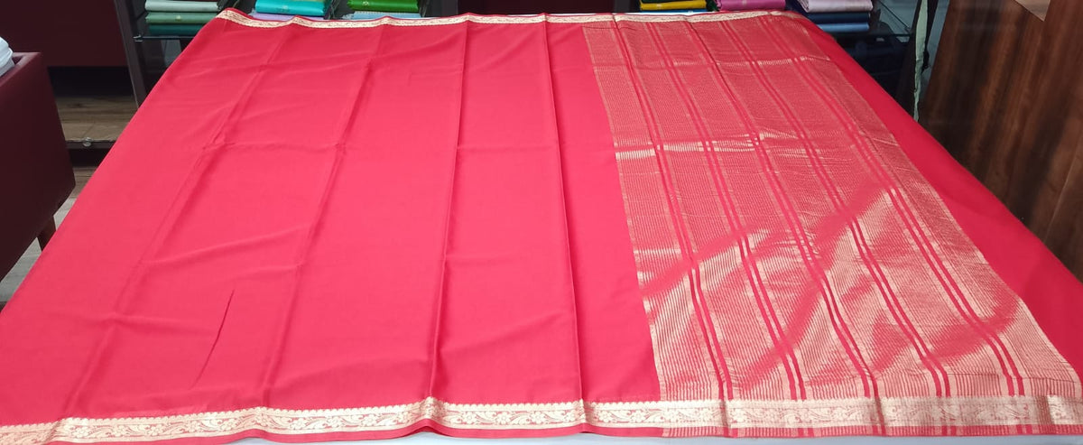 Mysore Semi Silk - Bright Red Mysore Semi Silk Saree with Antique Gold Floral Zari Border