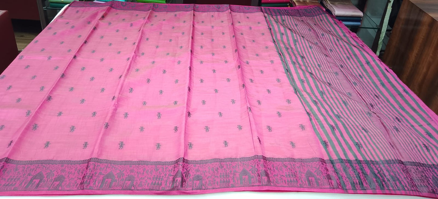 Tussar Semi Silk - Fuchsia Pink Tussar Semi Silk Saree with Charcoal Black Tribal Woven Border