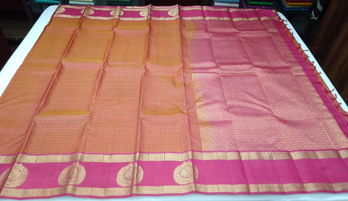 Pure Kanjivaram Handloom Dual-Shade Silk Saree in Copper Rust Orange with Rani Pink Pallu & Antique Gold Zari