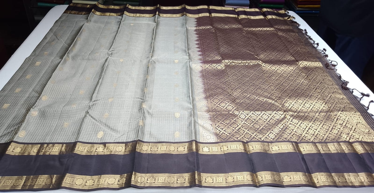Pure Kanjivaram Handloom Silk Saree in Smoky Grey with Dark Coffee Brown Pallu and Antique Gold Zari