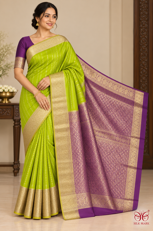 Pure Kanjivaram Handloom Lime Green & Deep Plum Purple Dual-Shade Silk Saree