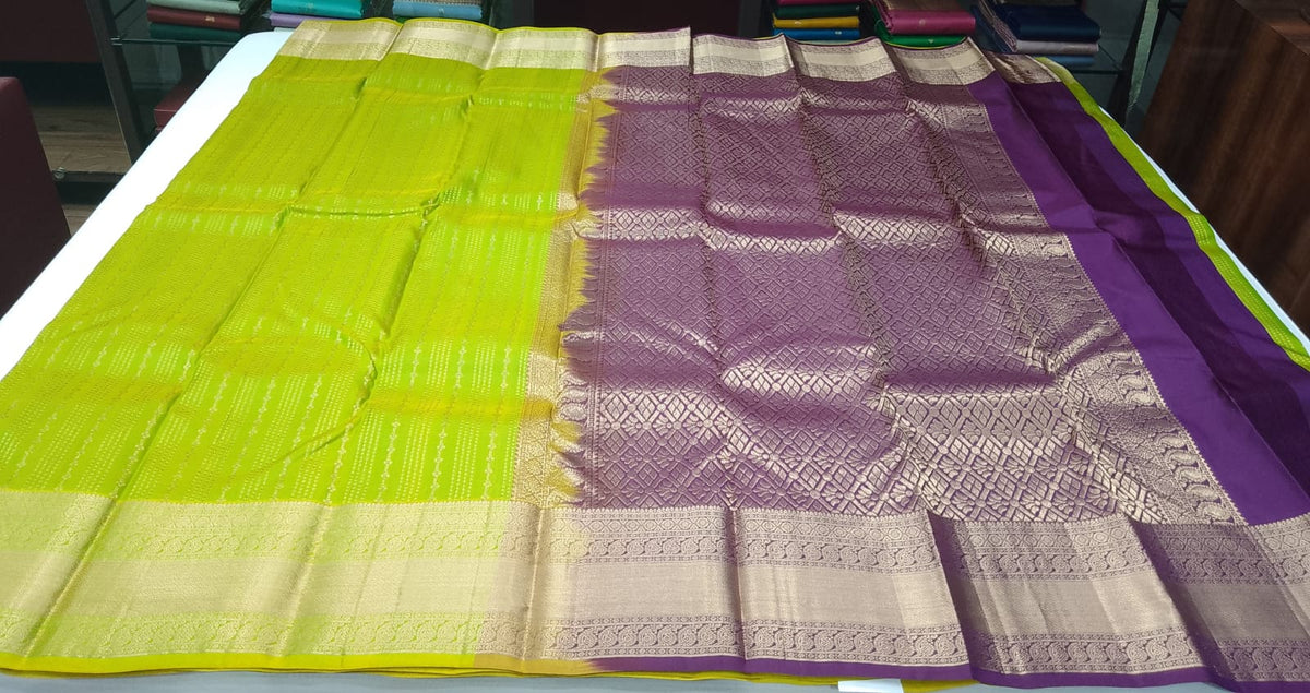 Pure Kanjivaram Handloom Lime Green & Deep Plum Purple Dual-Shade Silk Saree