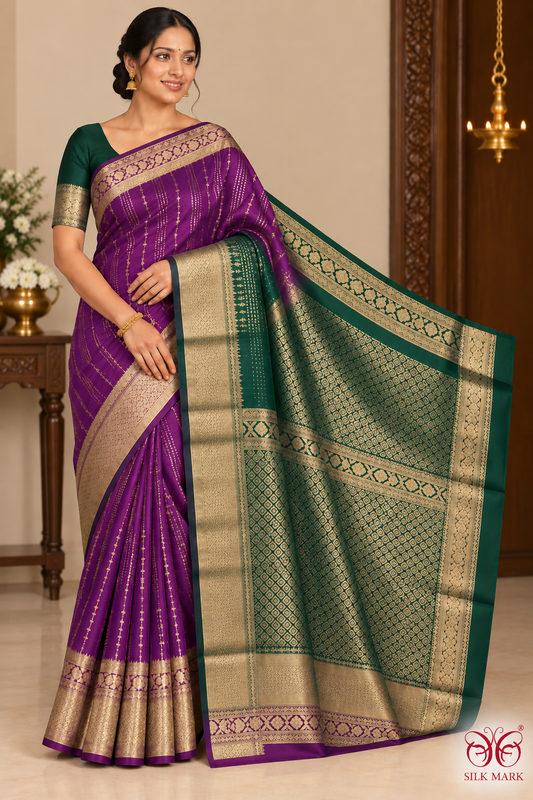 Pure Kanjivaram Handloom Purple & Bottle Green Silk Saree