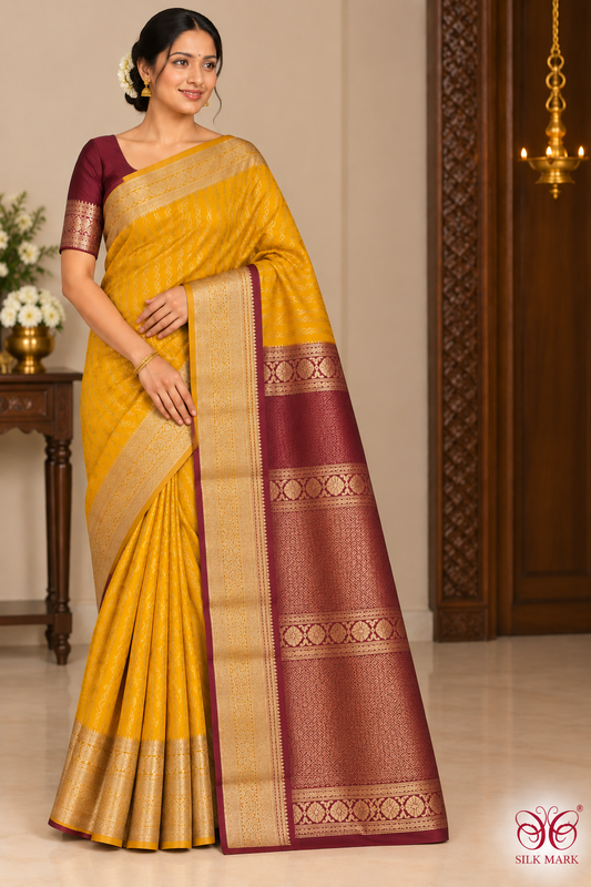Mustard Yellow & Wine Maroon Dual Shade Pure Kanjivaram Silk Saree
