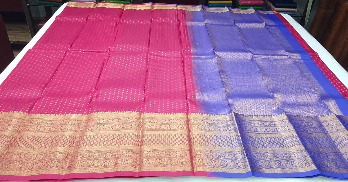 Pure Kanjivaram Silk Saree - Rani Pink with Royal Blue Pallu & Antique Gold Zari