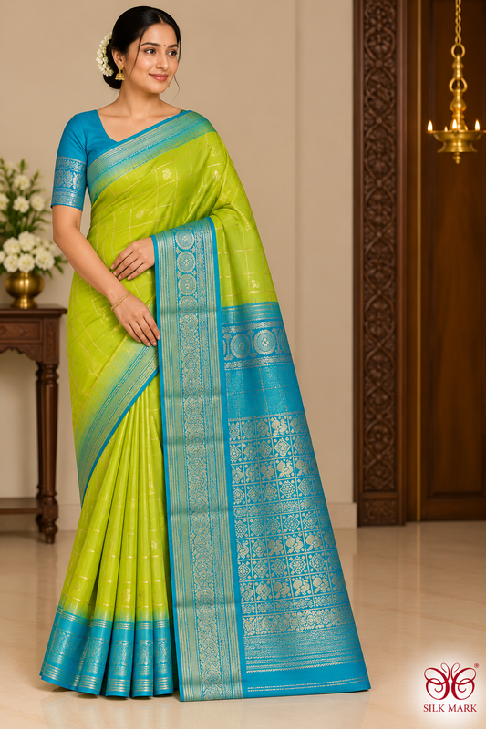 Lime Green & Turquoise Teal Pure Handloom Soft Silk Saree