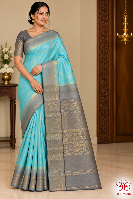 Pure Handloom Soft Silk Turquoise Blue Saree with Charcoal Grey Pallu