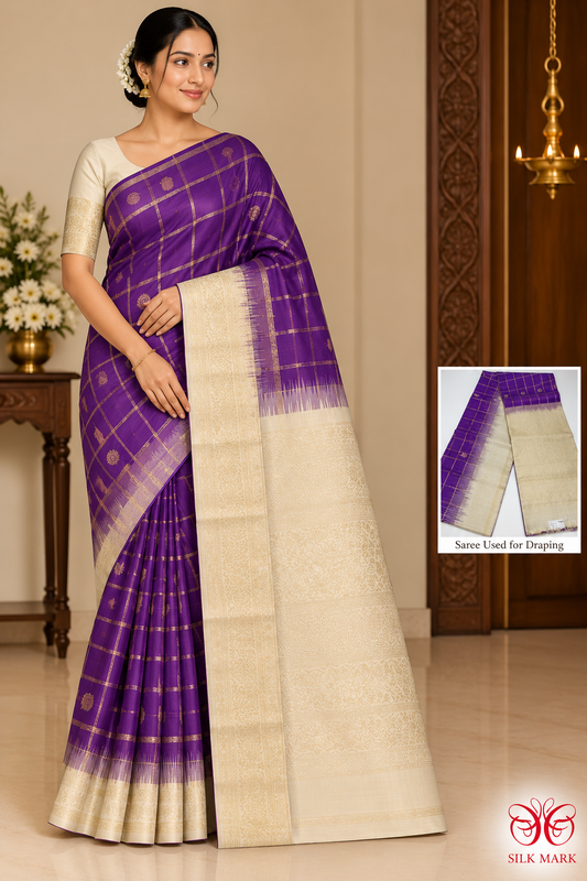 Pure Handloom Soft Silk Rich Purple Saree with Ivory Cream Pallu