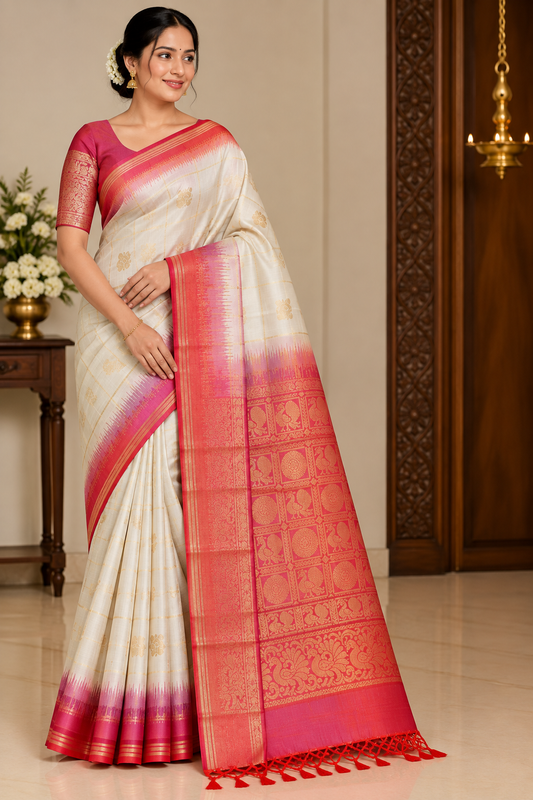 Pure Handloom Soft Silk Ivory & Dual -Shade Coral Red & Pink With Zari Check Saree