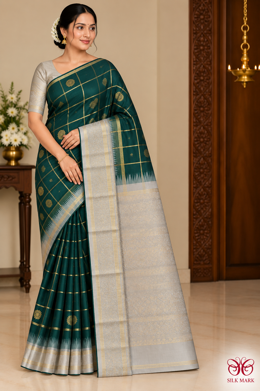 Pure Handloom Soft Silk Deep Bottle Green & Grey Saree with Gold Checks