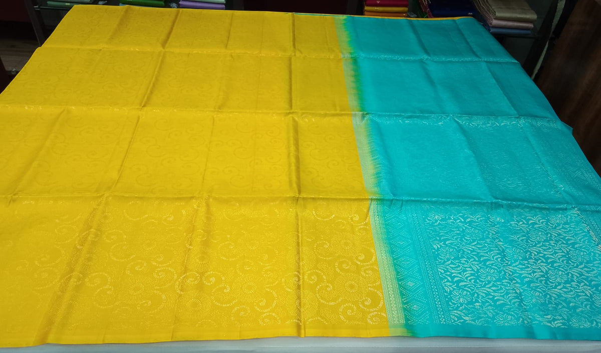 Pure Handloom Soft Silk Borderless Saree in Mustard Yellow & Turquoise Blue