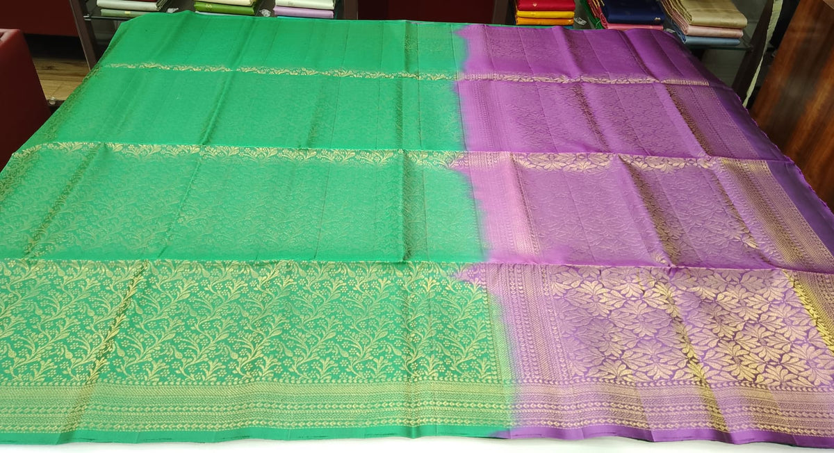 Pure Handloom Soft Silk Emerald Green & Purple Saree with Antique Gold Floral Zari