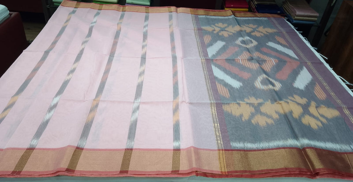 Blush Pink Cotton Silk Pochampally Saree with Charcoal Grey Ikat Pallu