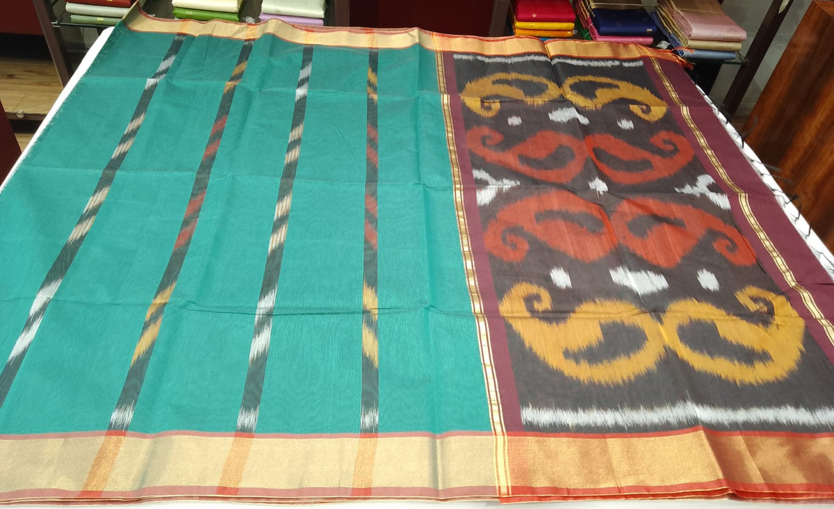 Deep Teal Green Cotton Silk Pochampally Saree with Wine Ikat Pallu