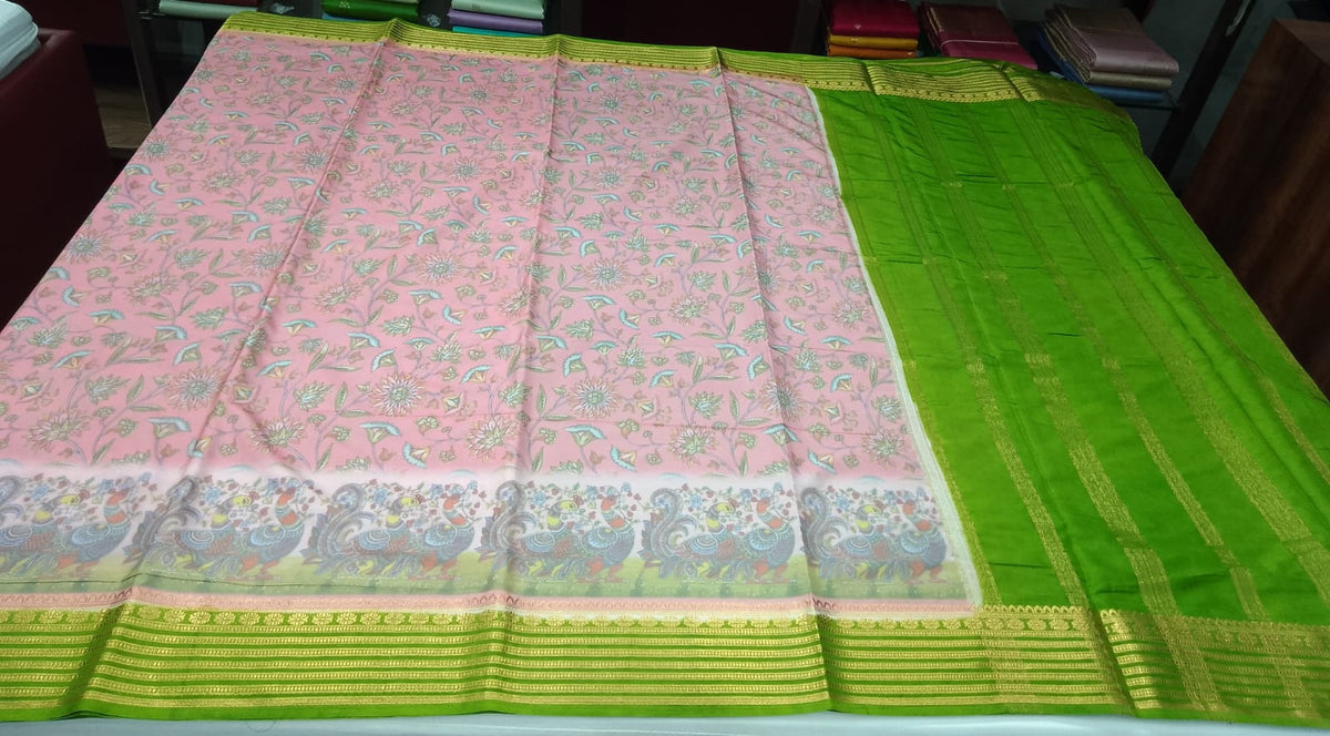 Blush Pink & Parrot Green Semi Mysore Silk Digital Print Saree with Peacock Motif