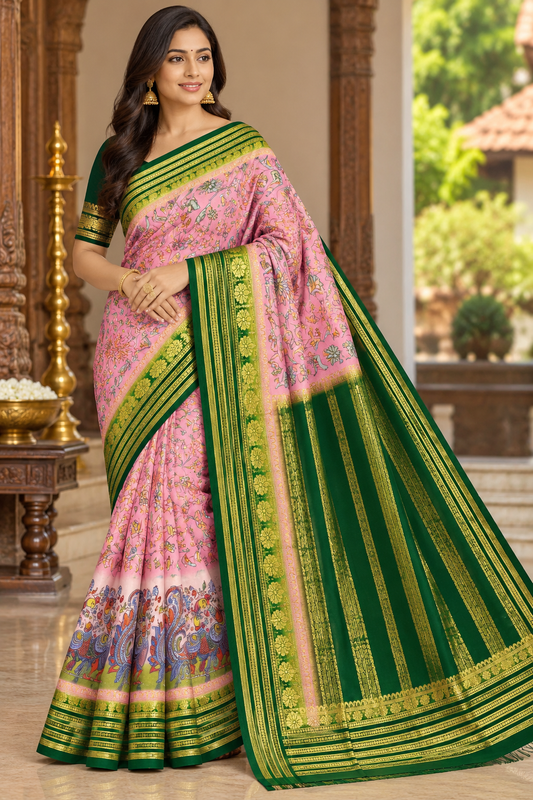 Blush Pink & Deep Bottle Green Semi Mysore Silk Digital Print Saree with Peacock Motifs
