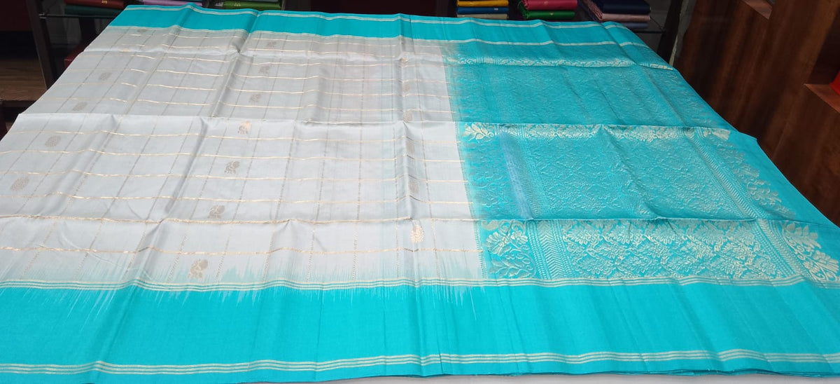 Pure Handloom Soft Silk Saree – Silver Grey & Turquoise Blue with Gold Checks and Floral Pallu