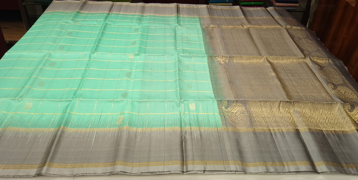 Pure Handloom Soft Silk Mint Turquoise Green & Silver Grey Saree with Gold Zari Checks